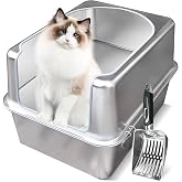 Aothey Stainless Steel Litter Box with Metal Lid and Scoop - Enclosed Metal Litter Box for Large Cats, Rust-Resistant, Odor-Control, Easy to Clean, Durable &amp; Long-Lasting with Round Edge (L)