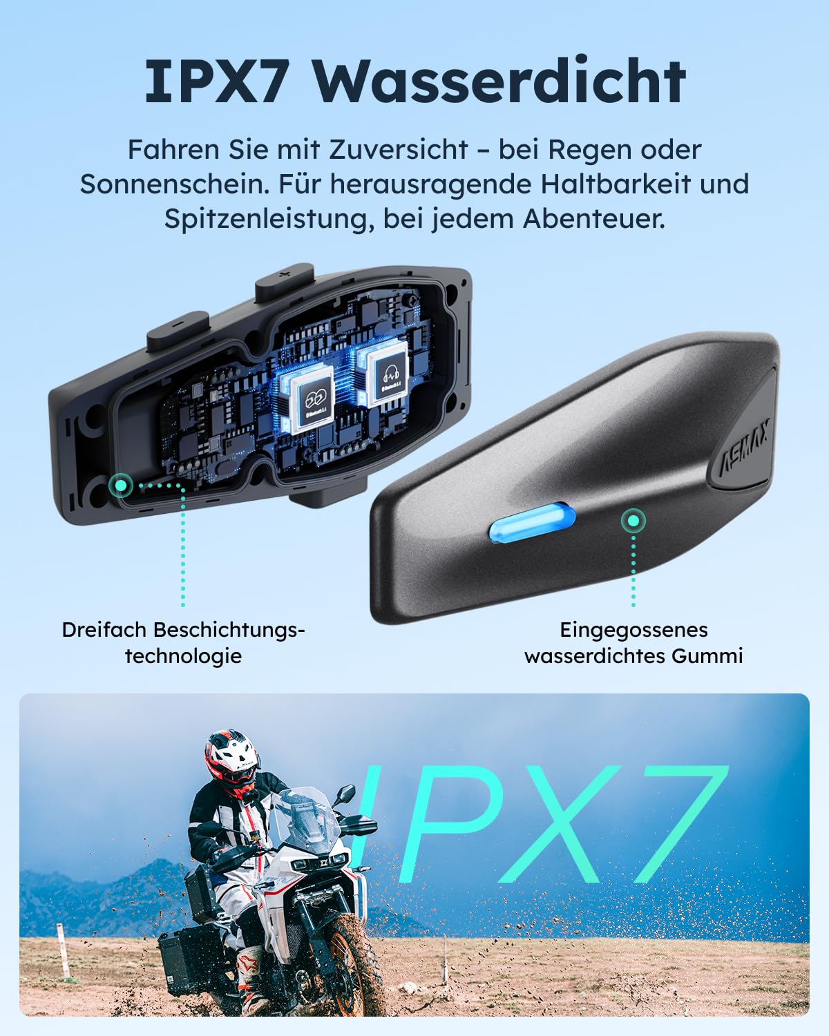 ASMAX S1 Motorrad Bluetooth Headset, Mesh Intercom für 8 Fahrer, Bluetooth 5.4 Helm Gegensprechanlage mit Sprachsteuerung/CloudTalk für 50 Fahrer/FM Radio/Schnellladung/Musik Teilen, Doppelpack 8