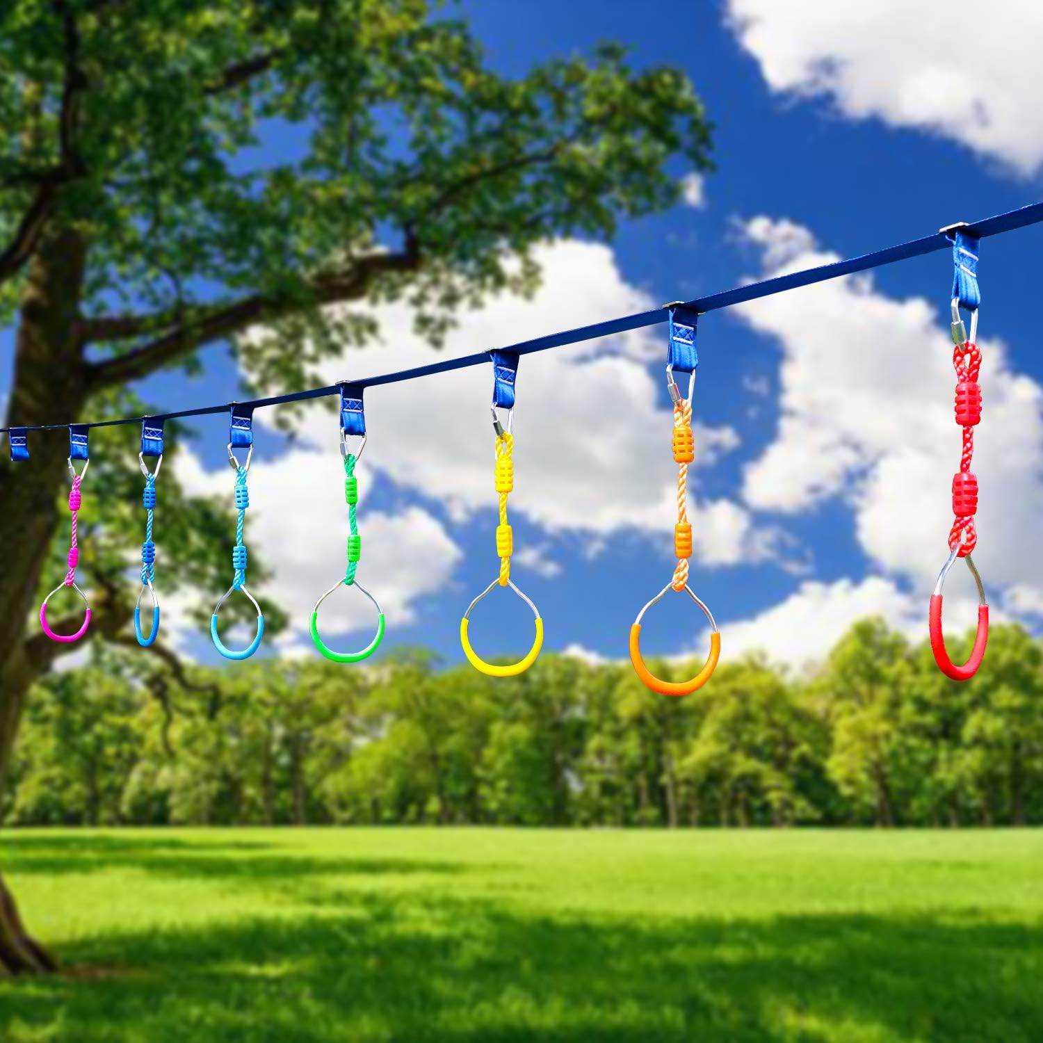 Rainbow Craft Colorful Ninjaline Rings - Gymnastic Rings, Ninja Rings, Swing Bar Rings, Monkey Rings for Backyard Ninja Obstacle Accessories - 7pcs Pack: Toys & Games