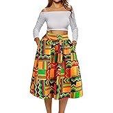 Afibi Womens African Print Skirt Boho Flare Pleated Midi Skirt with Pockets
