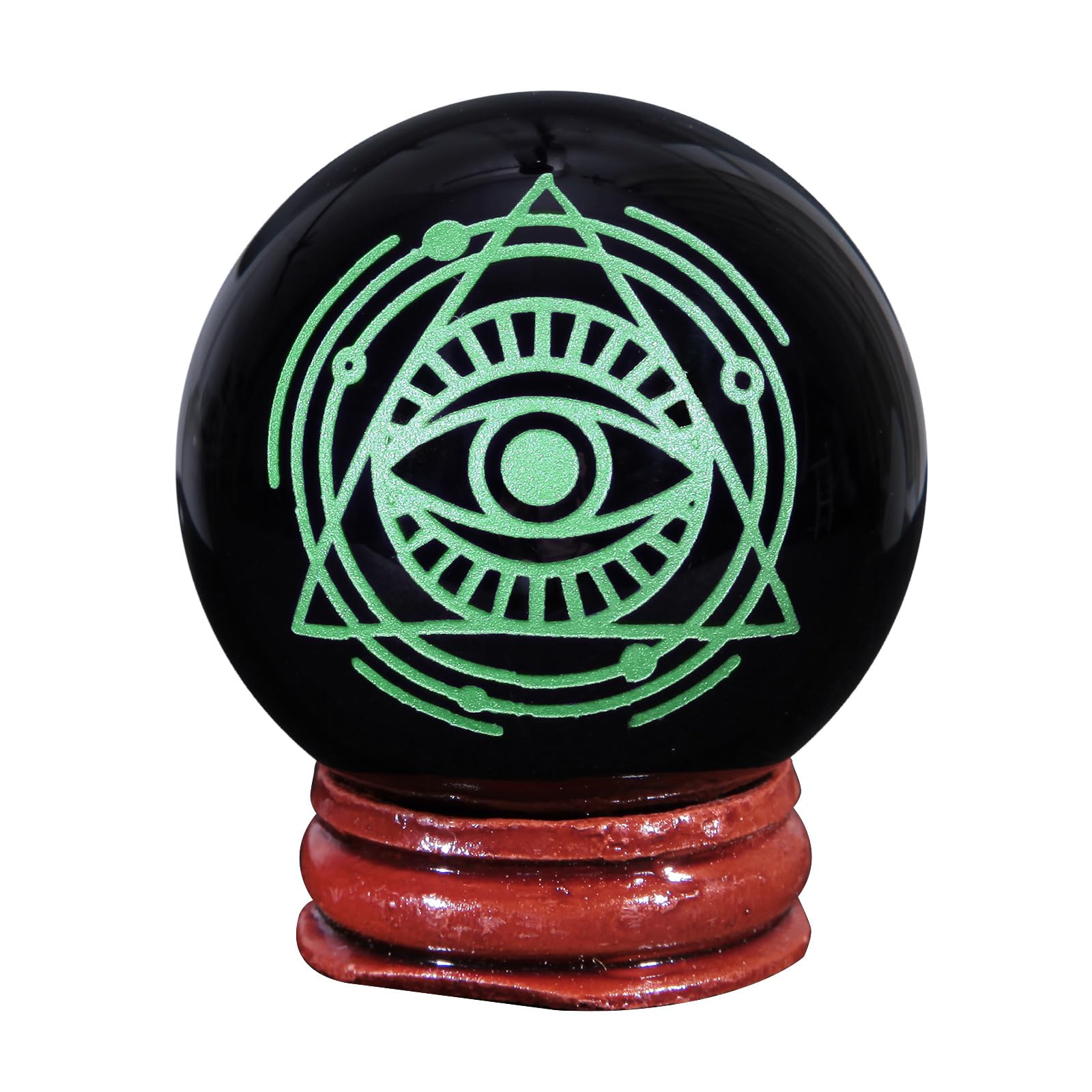 mookaitedecor Engraved Eye of Life Symbol Black Obsidian Crystal Ball Sphere Ornament with Wooden Stand, Healing Crystal Stone Wiccan Witchcraft Gifts Reiki Spiritual Room Desk Decor(Green)