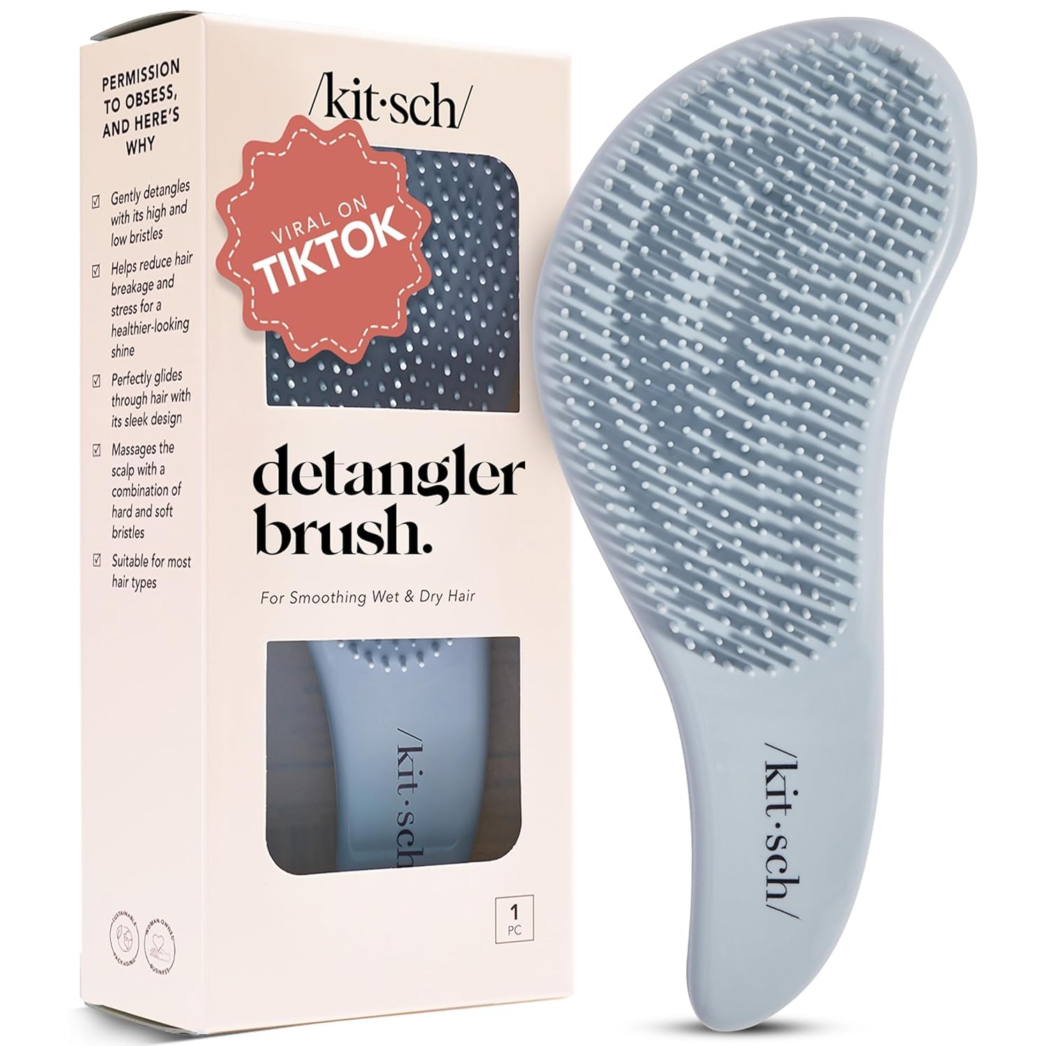 Photo 1 of Kitsch Detangler Brush – Gentle Curly Hair Brush with Flexible Bristles for All Hair Types - Wet or Dry | Detangling Hair Brushes for Women & Men, Adults & Kids - Haze Blue