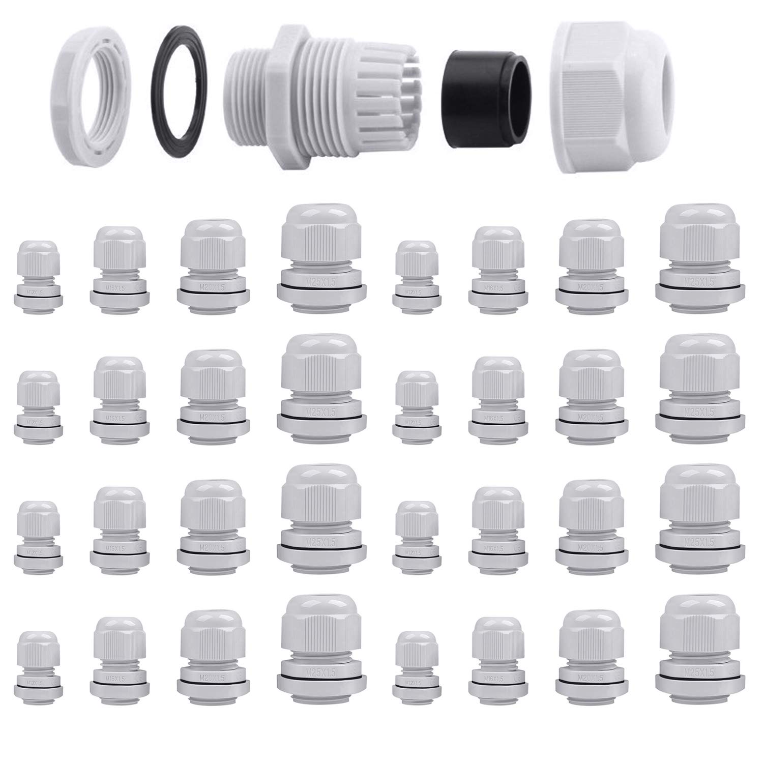 32 Pcs Cable Glands Waterproof, ARPDJK Adjustable 3-15mm Plastic IP68 Cable Gland Assorted, Grey Stuffing Glands Connector, M12, M16, M20, M25