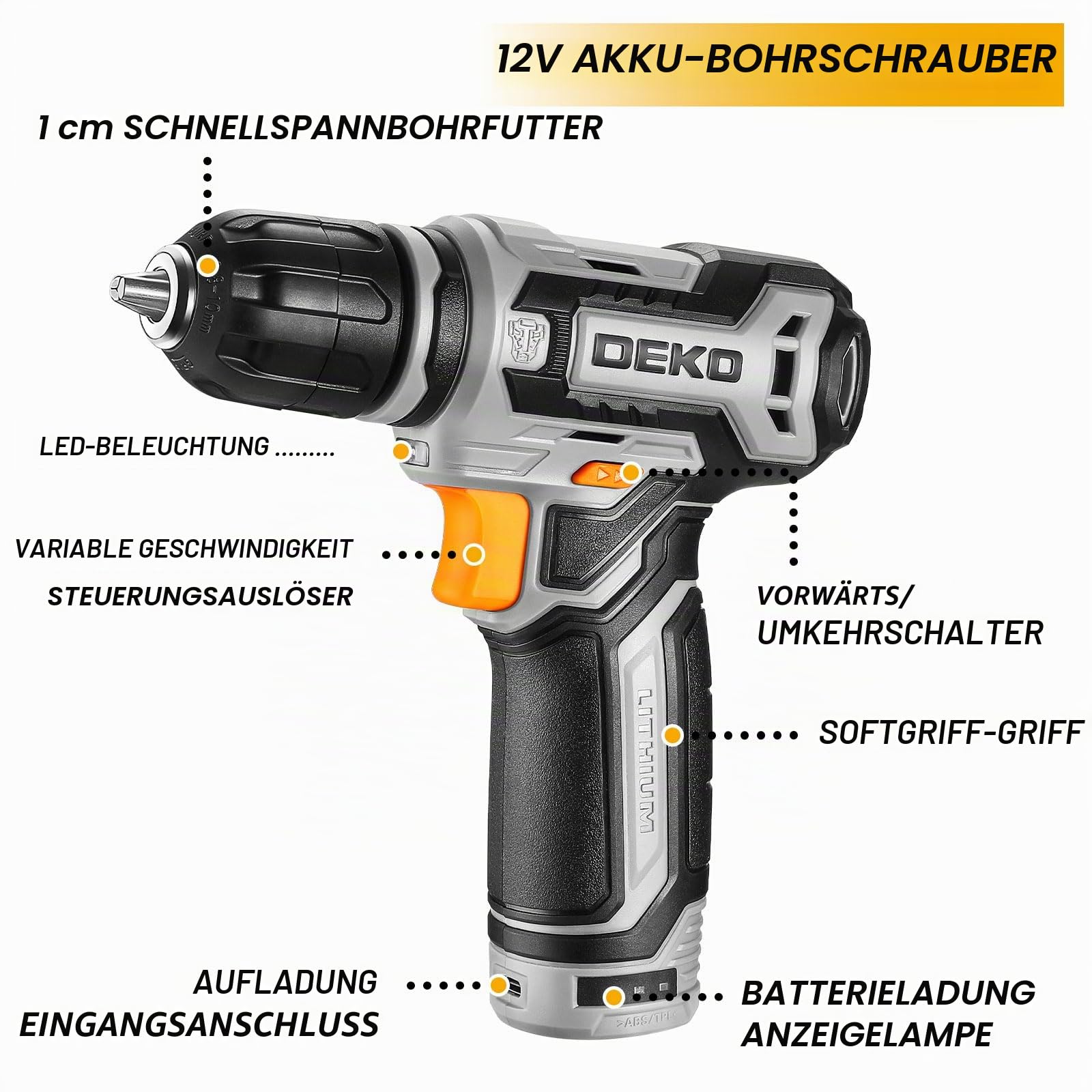 DEKO 238 Teile Werkzeugkoffer mit Akkuschrauber, 12V Akku Bohrschrauber und Werkzeugkoffer Gefüllt mit Schubladen, Akkuschrauber Set für Heimwerker, Haushalt, Auto, Möbelmontage 4