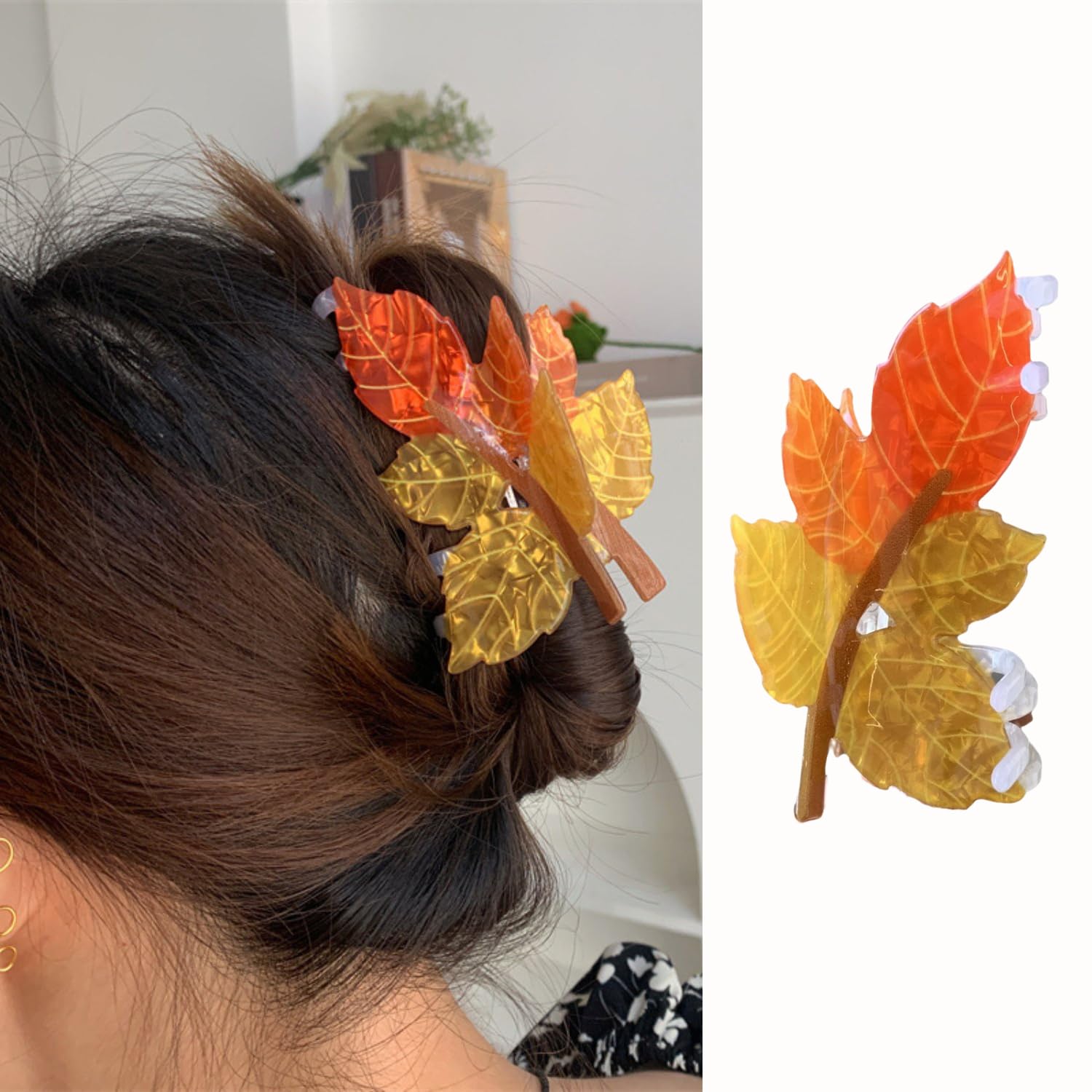 Photo 1 of 1 Pack Maple Leaf Hair Claw Clips for Women, Orange Yellow Acrylic Autumn Leaves Hair Clips Strong Hold Non Slips Hair Jaw Clips Cute Fall Harvest Party Thanksgiving Day Hair Styling Accessories