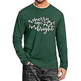 Christmas Shirts for Men: Merry and Bright T Shirt Long Sleeve Christmas Tree Shirt Holiday Xmas Believe Blouse Tee Tops