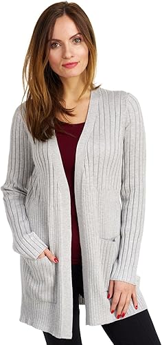 Cable & Gauge Women's Pointelle 2 Pocket Rib Cardigan, Heather Dusk, Medium at Amazon Womenâs 