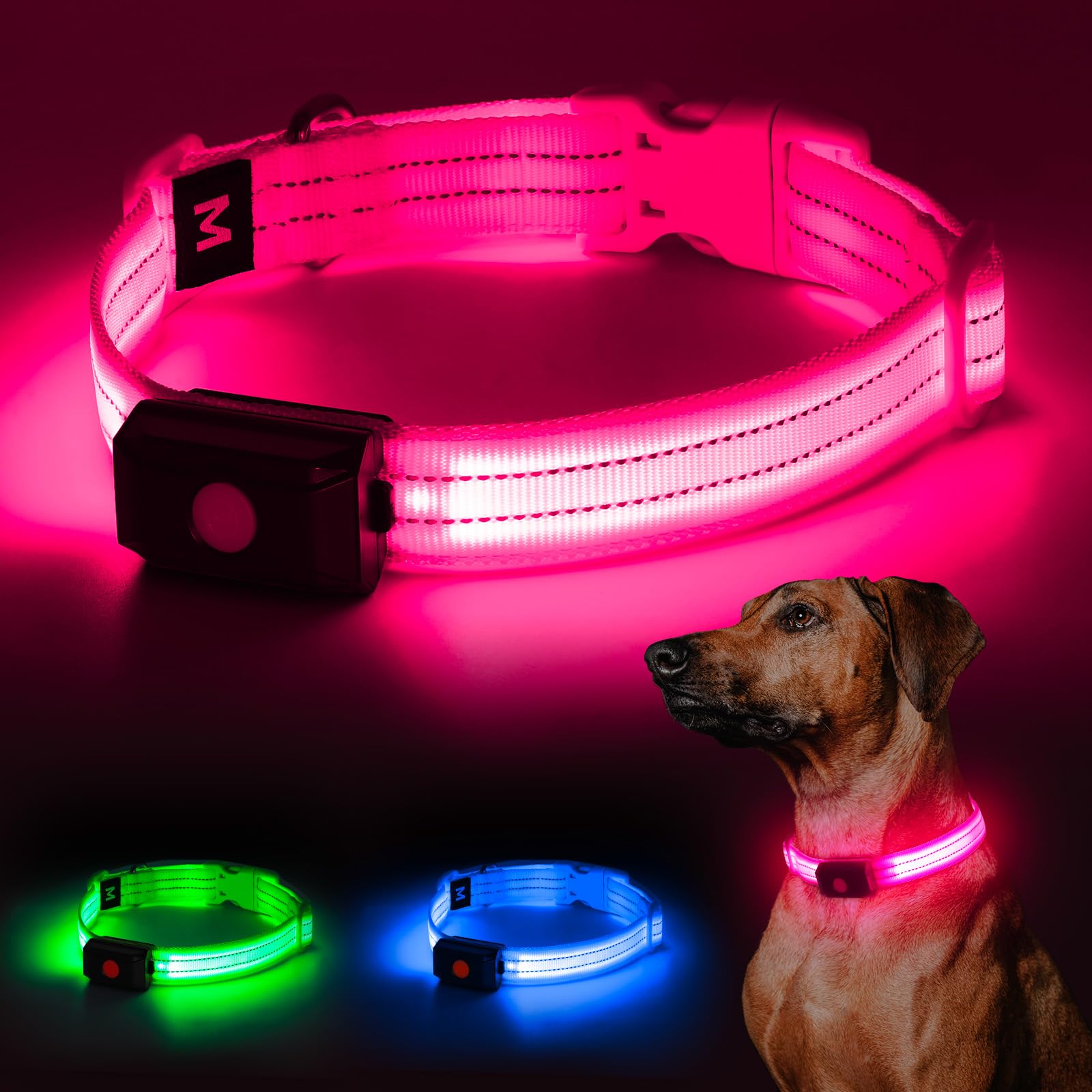 LED Light Up Collar - USB Rechargeable, Brightest Dog Lights for Night Walking, Adjustable Safety Collar (Medium, Pink)