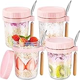 HomArtist Glass Overnight Oats Containers with Lids and Spoon, 16oz Wide Mouth Mason Jars for Overnight Oats, Cereal, Yogurt, Salad Lunch Container with Measurement Marks - Pink 4 Pack