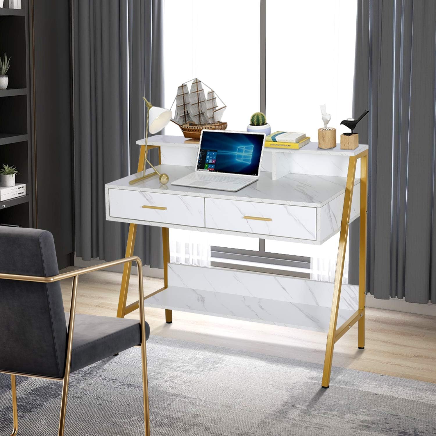 Modern Writing Desk with Hutch - 39” x 19” Workstation Computer Work Study Table for Home Office Furniture Vanity Make Up Desk, 3 Tier Storage Shelf and 2 Drawers (Marbling/Gold)
