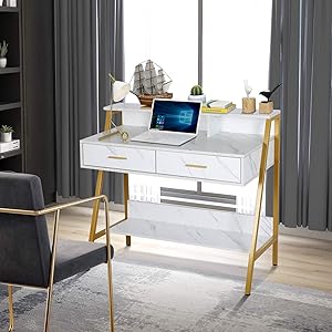 Modern Writing Desk with Hutch - 39” x 19” Workstation Computer Work Study Table for Home Office Furniture Vanity Make Up Desk, 3 Tier Storage Shelf and 2 Drawers (Marbling/Gold)