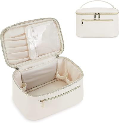 Wandering Nature Travel Makeup Bag PU Leather with Brush Compartment Milky White