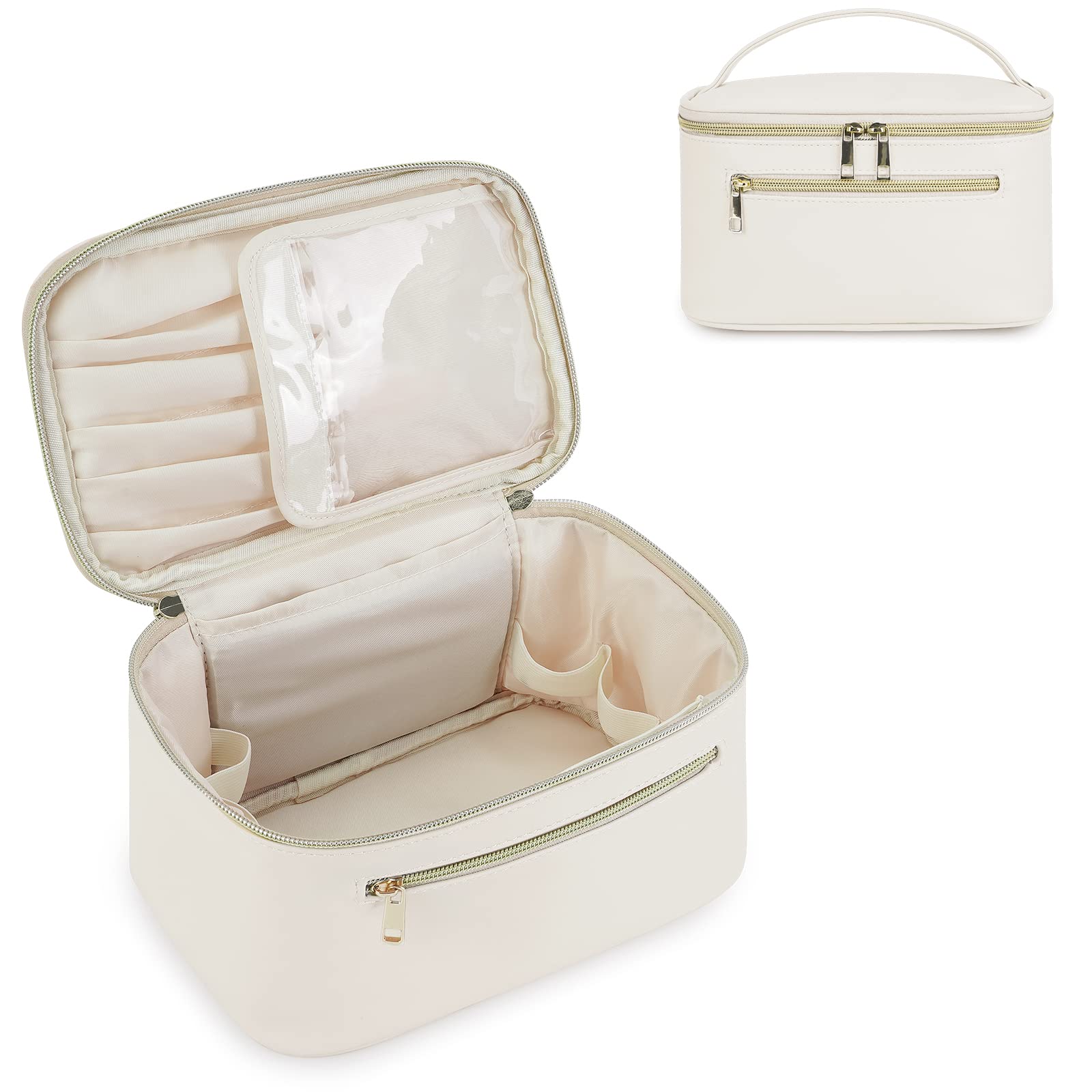 Travel Makeup Bag with Brush Compartment, Large Cosmetic Bags, PU Leather Makeup Case with Handle, Water-Resistant for Women, Milky White (Patent Pending)