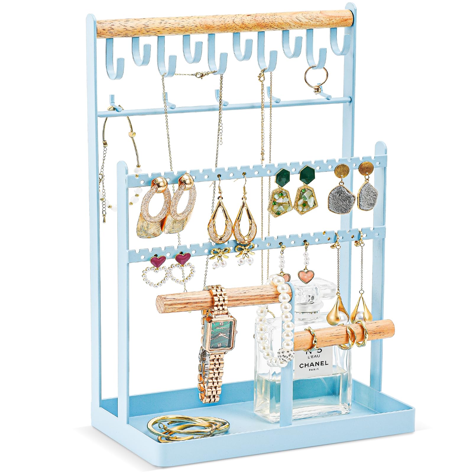 ProCase Jewelry Organiser Stand Necklace Organizer Earring Holder, 6 Tier Jewelry Stand Necklace Holder with 15 Hooks, Jewelry Tower Display Rack Storage Tree for Bracelets Earrings Rings -Blue