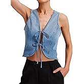 POLIRO Womens Denim Vest Crop Sleeveless V Neck Denim Top Retro Tie Up Front Jean Vest