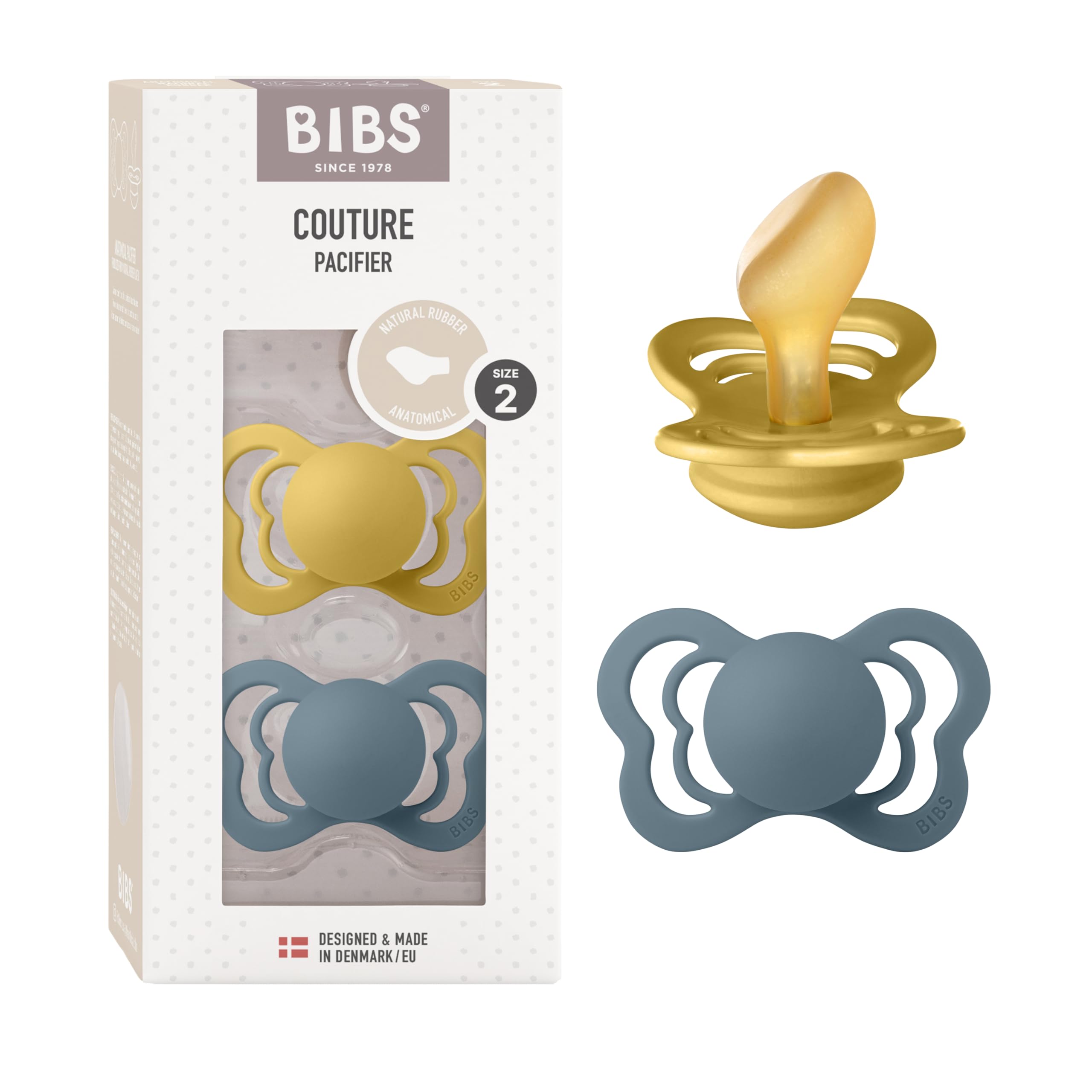 Photo 1 of BIBS Couture Baby Pacifier 2-Pack | Made in Denmark | BPA Free Dummy Soother, Anatomical Nipple. Natural Rubber Latex, Size 2 (6-18 Months), Mustard/Petrol