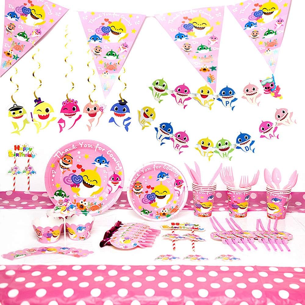 Amazon Com Baby Cute Shark Pink Theme Party Supplies Set 138
