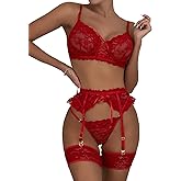 FAIRYMEI Lingerie for Women 3 Piece Lingerie Set with Garter Belt Bra and Panty Sets Sexy Lace Bodydoll Teddy Lingerie…