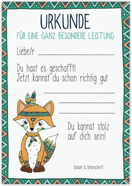 Urkunde Fuchs Indianer - Besondere Leistung - Belohnung Auszeichnung