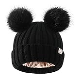 Hat Hut Toddler Beanie Satin Lined Beanie for Baby Winter Hats for Kids Pom Pom Beanie for Boys Girls
