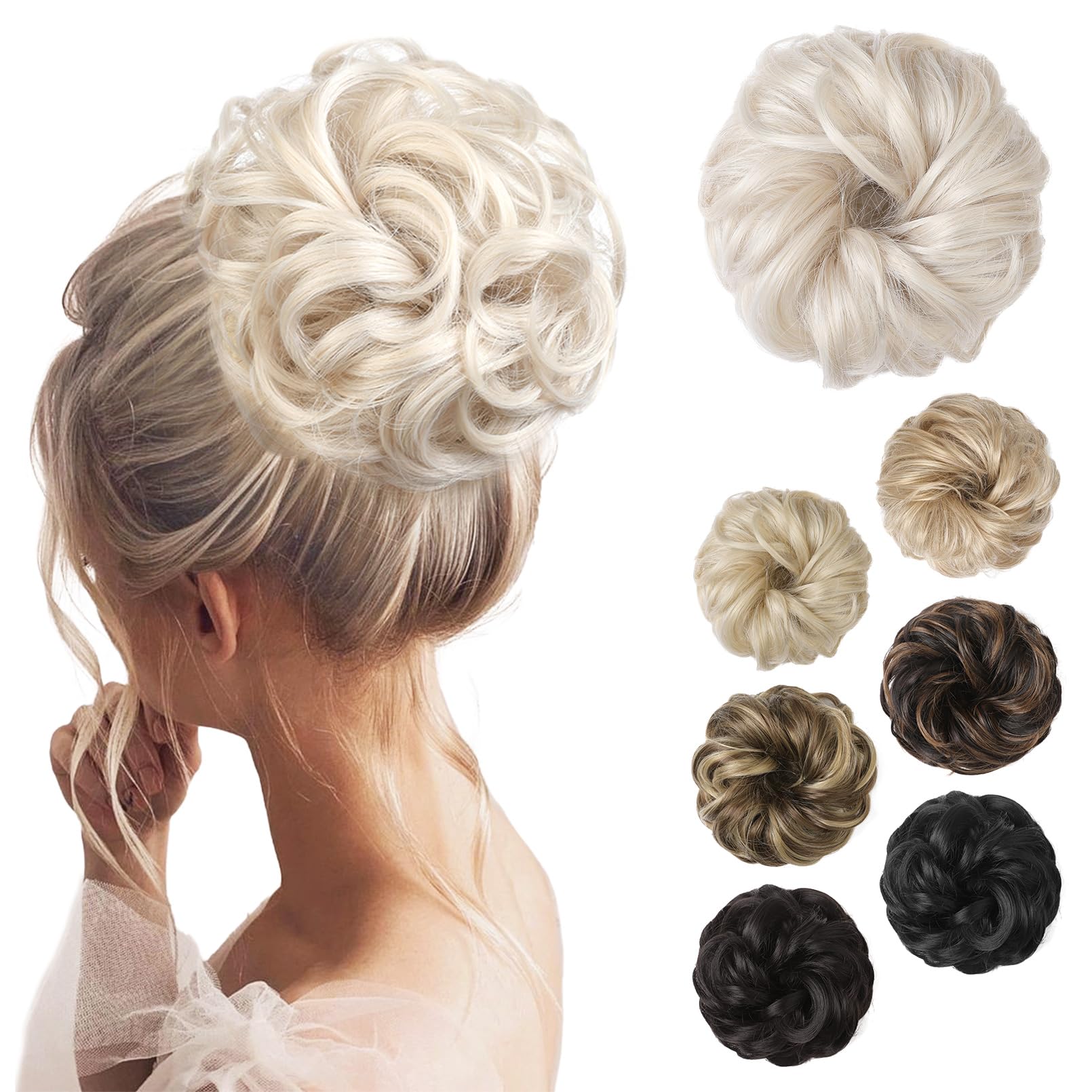 REECHO Messy Bun Hair Piece - Thick Tousled Updo Elastic Synthetic Ponytail Extensions for Women - Scrunchies Donut Accessories - Platinum Blonde