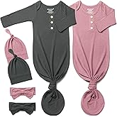 Baby Noah Newborn Knotted Gown Set with Hat and Headband, Soft Tie Bottom Newborn Sleepers for Baby Girl Boy (2 Packs)