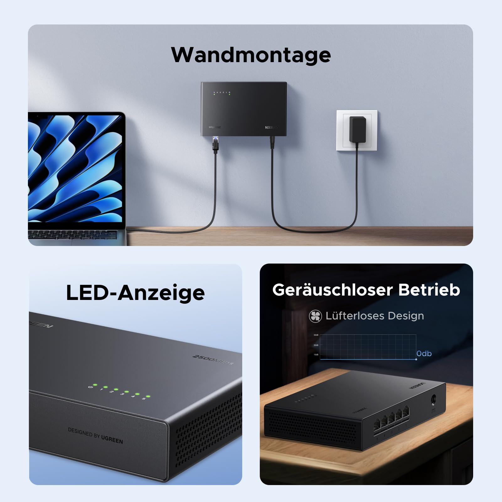 UGREEN 2.5G LAN Switch mit 5X 2.5G Ports,Unmanaged Netzwerk Switch für Computer,NAS,Server,WiFi 6 AP, Schnelle Datenübertragung,lüfterlos und leise,Desktop/Wandmontage 7