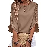 EVALESS 3/4 Length Sleeve Womens Tops Dressy Casual Blouses Crewneck Ruffle Sleeve Shirts Spring Outfits Business Work Tops