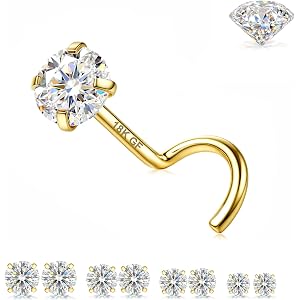 GEMQUEEN 8 Pcs Moissanite Nose Studs Set 316L Stainless Steel, 18G/20G | 18K Gold Plated S Shaped Nose Ring Set Hypoallergeni