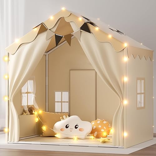 EagleStone 2-in-1 Kids Tent,Large Play Tent with Padded Mat and Lights,Kids Playhouse with 2 Doors & 4 Windows,2 Large Side Pockets,Indoor Outdoor Kid Play Tent for Toddlers,53" x40" x 51" (White)
