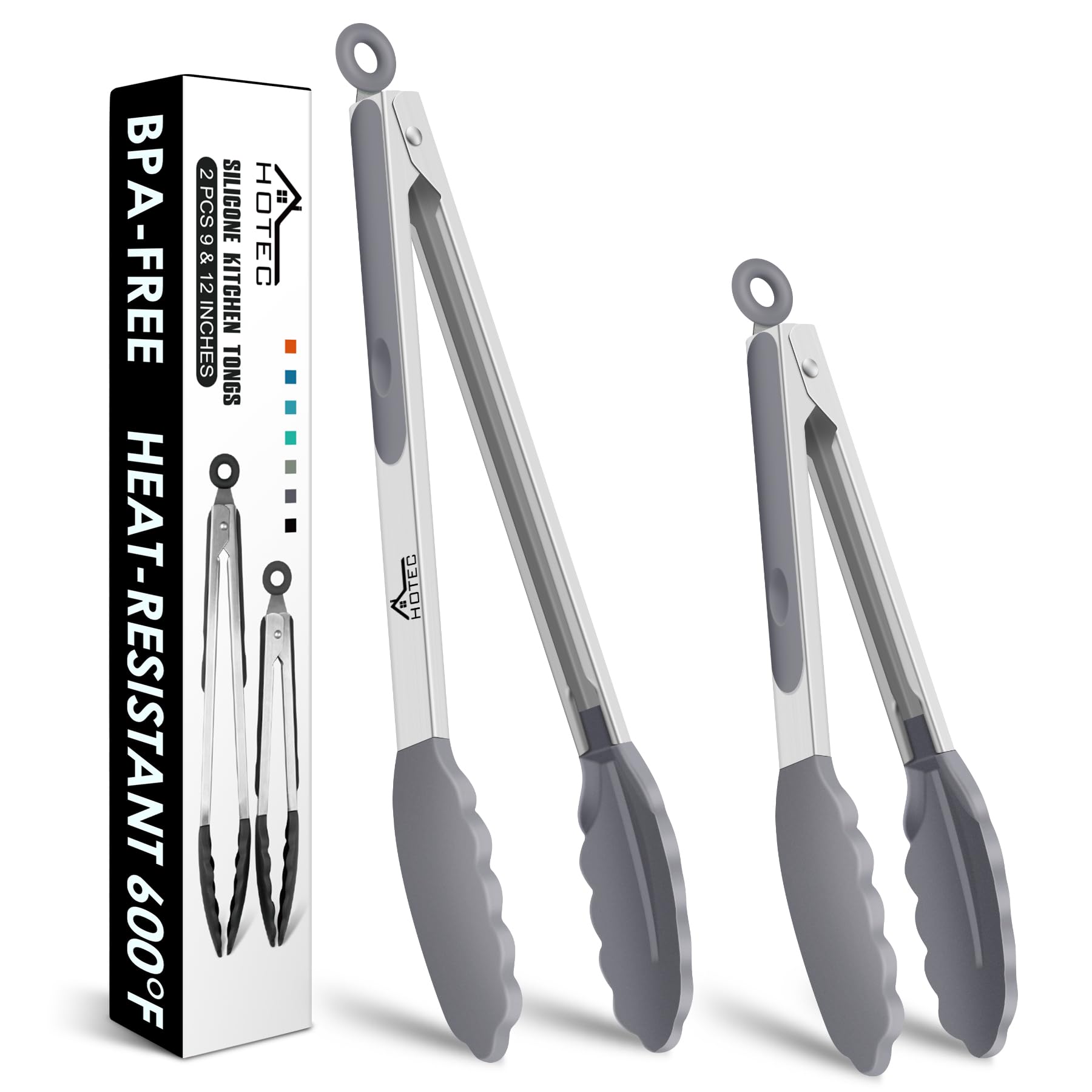 HOTEC Premium Stainless Steel Locking Kitchen Tongs with Silicon Tips, Set of 2-9" and 12" Light Grey