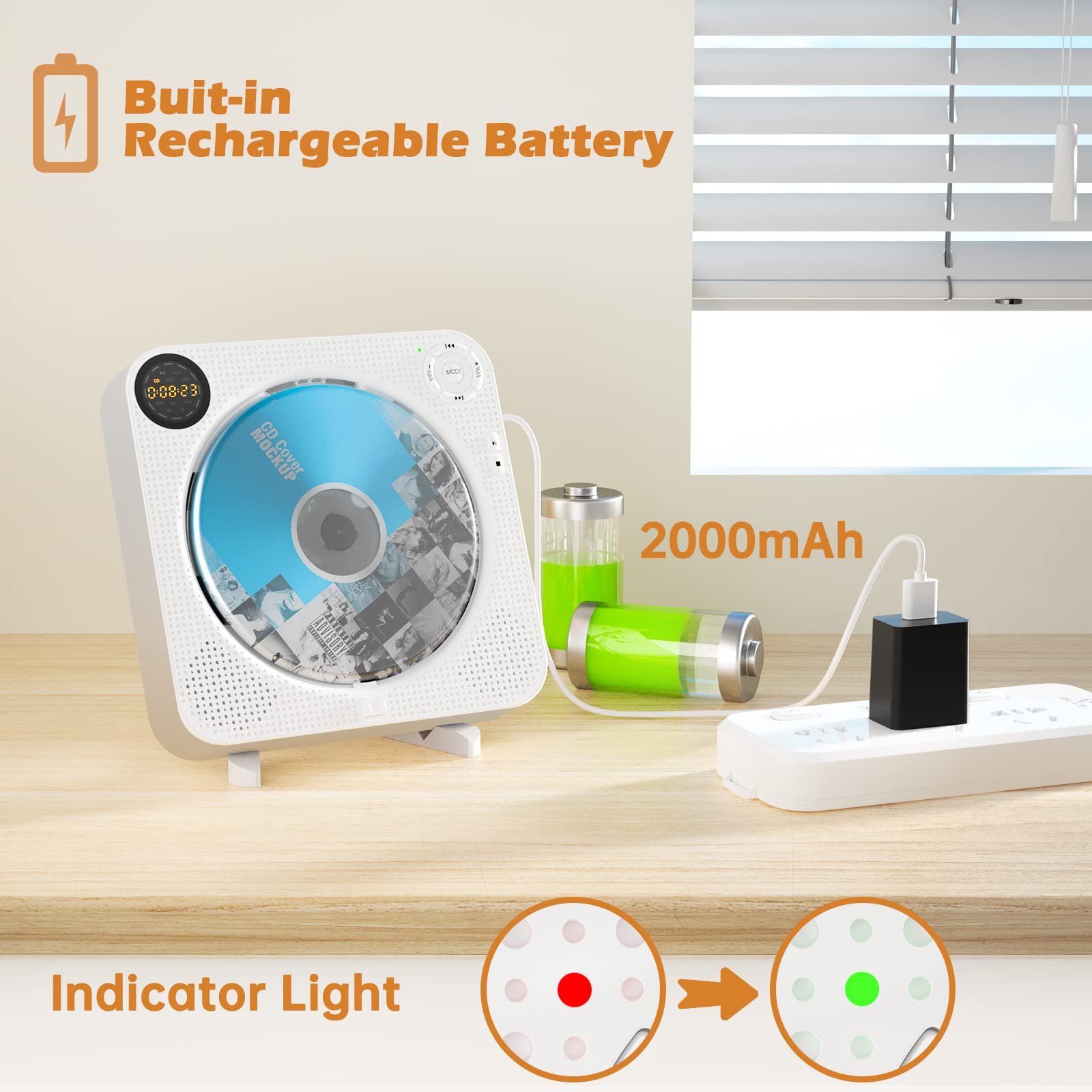 Desobry Portable Bluetooth CD Player with Speakers Wall CD Player for Home with Remote Control FM Radio Digital Screen Headphone Jack Support AUX