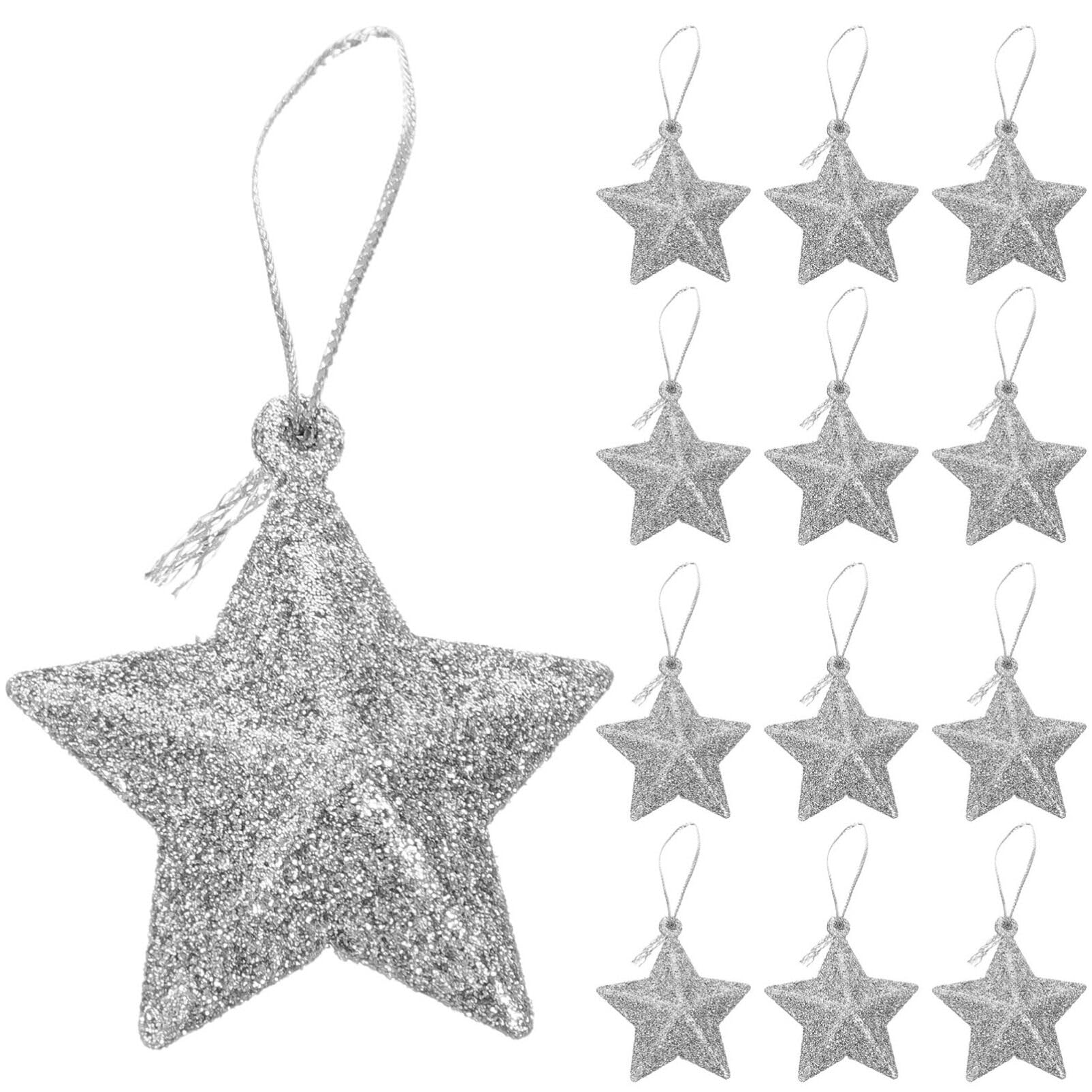 Milisten 24Pcs Five-Pointed Star Christmas Tree Decorations Silver Glitter Hanging Ornaments Xmas Party Adornments for Festive Tree Decor