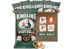 Kindling Protein Pretzels - Sea Salt | Protein-Packed Snack | Kosher | 8 - 9g Protein Per Serving | Only 1-2g of Total Sugar | No Artificial Flavors, Soy-Free | Kid’s Snacks & Lunches, Office Snacks, & On-the-Go | 4-Pack (7oz Bags)