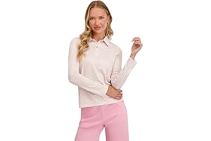 Stella Parker Women's Button Front Long Sleeve Polo – UPF 50+, Stretch Fabric, Gold Button Placket
