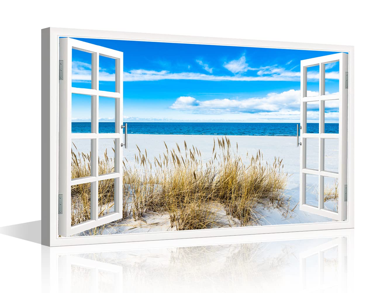 TISHIRON 3D Window Effect Beach Canvas Wall Art for Home Decor Artwork Sea Sandy White Beach Landscape Painting on Canvas for Living Room Framed Ready to Hang 12x18inch (30x45cm) — image 1