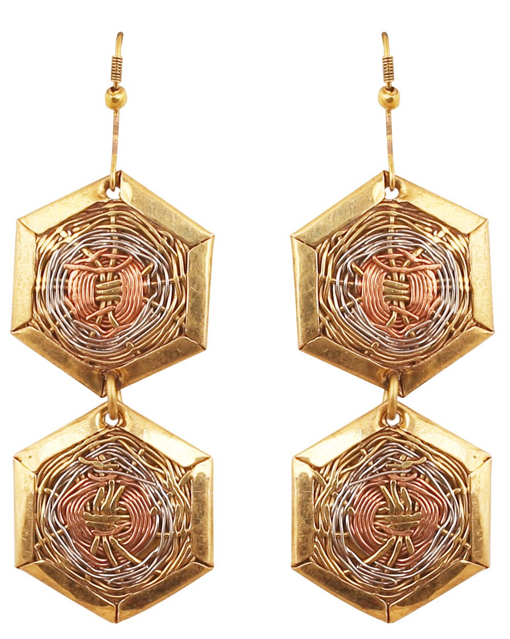 NEW! Touchstone Indian Bollywood Desire Finely Handcrafted Wire Concentric Multifaceted Brass Case Pretty Look Designer Jewelry Earrings In Antique Gold Silver Copper Tones For Women