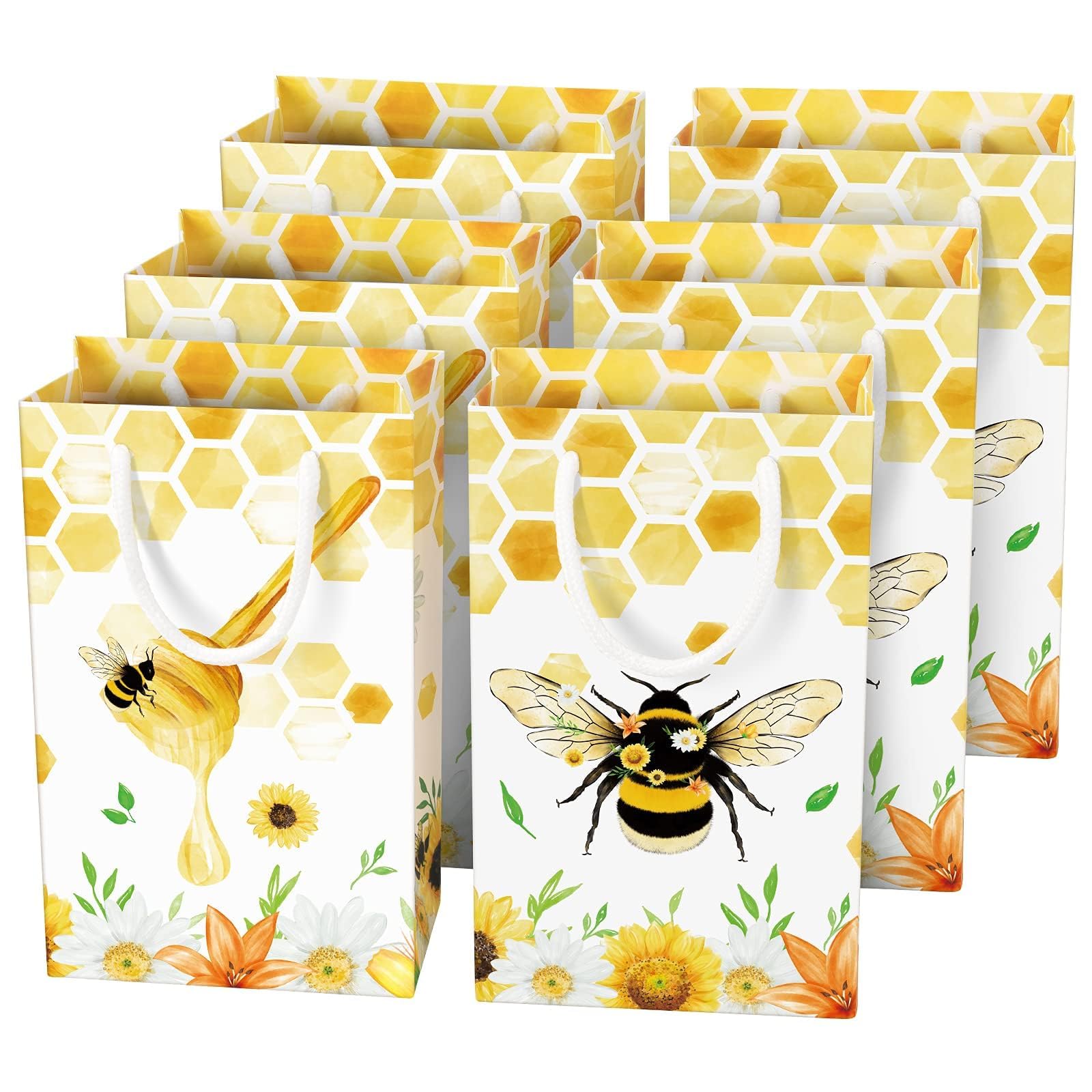 WERNNSAI Honey Bee Party Gift Bags - 16 PCS Mini Bumble Bee Birthday Party Supplies Goodie Bags for Girls Kids Bee Birthday Decoration Bee Candy Treats Bags with Handle for Baby Shower Summer Party