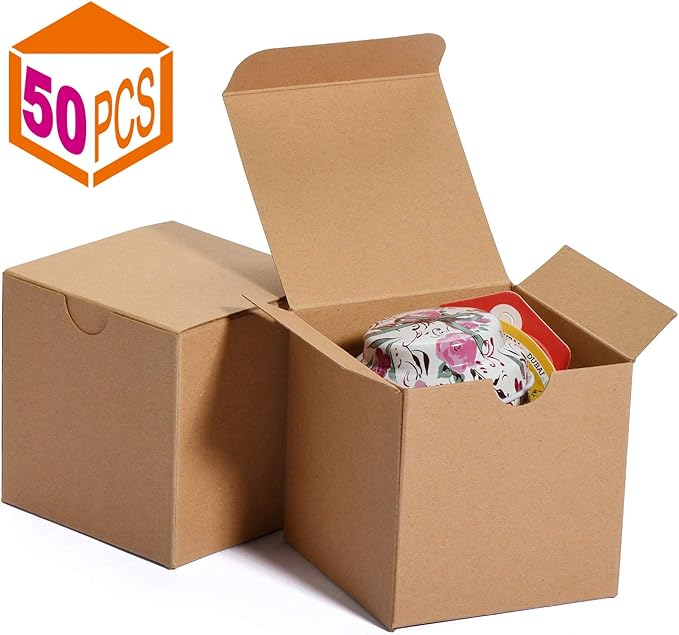 MESHA Kraft Gift Brown Boxes 50 Pack 3 x 3 x 3 inches, Paper Gift Boxes