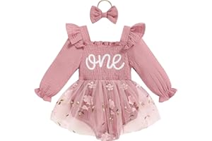 TITKKOP Baby Girl 1st Birthday Clothes One Year Old Tulle Romper Long Sleeve Bodysuit Cake Smash Outfits