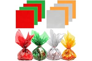 AnapoliZ Cellophane Sheets 120 pcs Pack | (12 x 12 inch) 4 Mix Colors 2.3 Mil | Translucent Holiday, Christmas Cello Sheets - Green, Red, Silver, Gold | Glossy Xmas Colors Sheets for Treats, Crafts