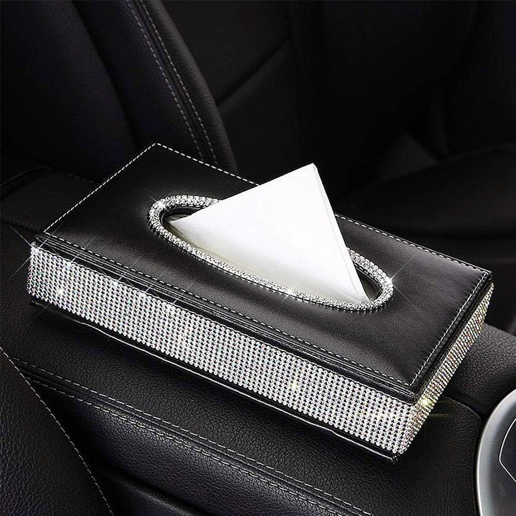 ESKONKE Car Tissue Box Leather Facial Napkin Holder Universal Box Cover for Automotive Home Office Decoration (A - Diamond Upgrade Black)