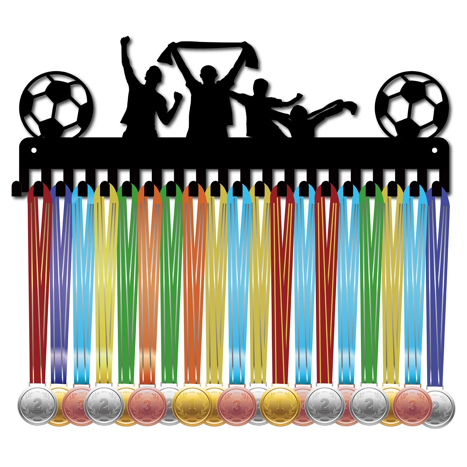 CREATCABIN Football Medal Holder Sport Player Medals Display Stand Wall Mount Decor Stainless Steel Metal Hanging for Home Badge 20 Hooks Medalist Running Soccer Gymnastics Over 60 Medals, Black