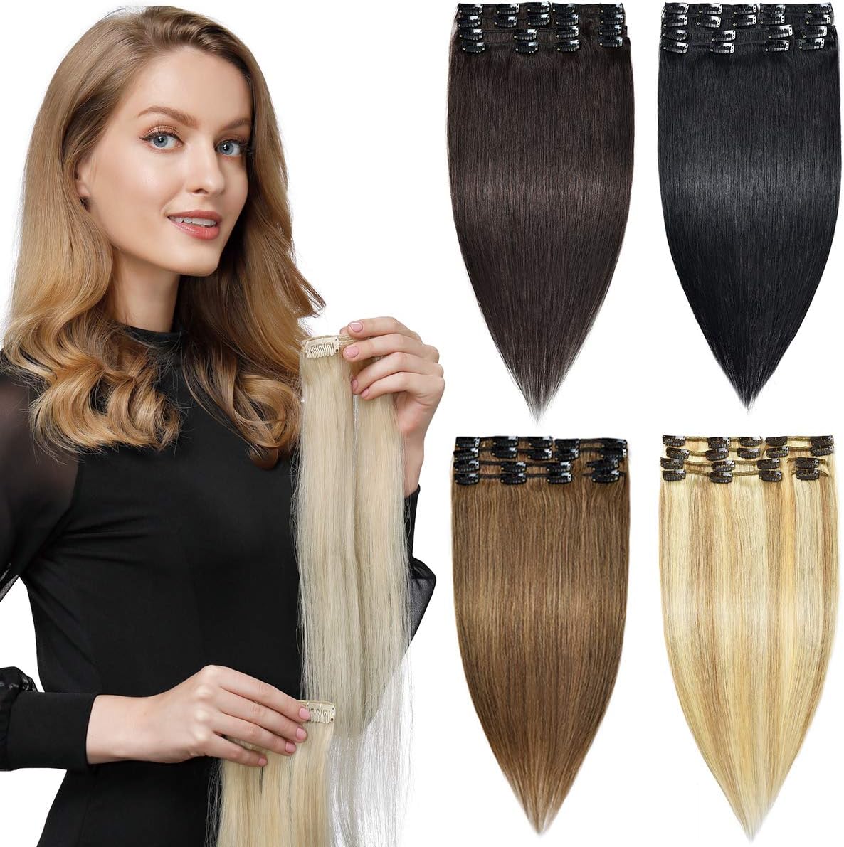 HAIRREAL Clip in Hair Extensions REMY Human Hair for Women 8pcs Set Full Head Natural Straight Real Hairpiece 14-22 Inch