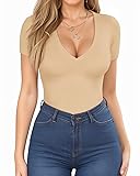 MANGOPOP Womens Deep V Neck Short Sleeve Slim Fit T