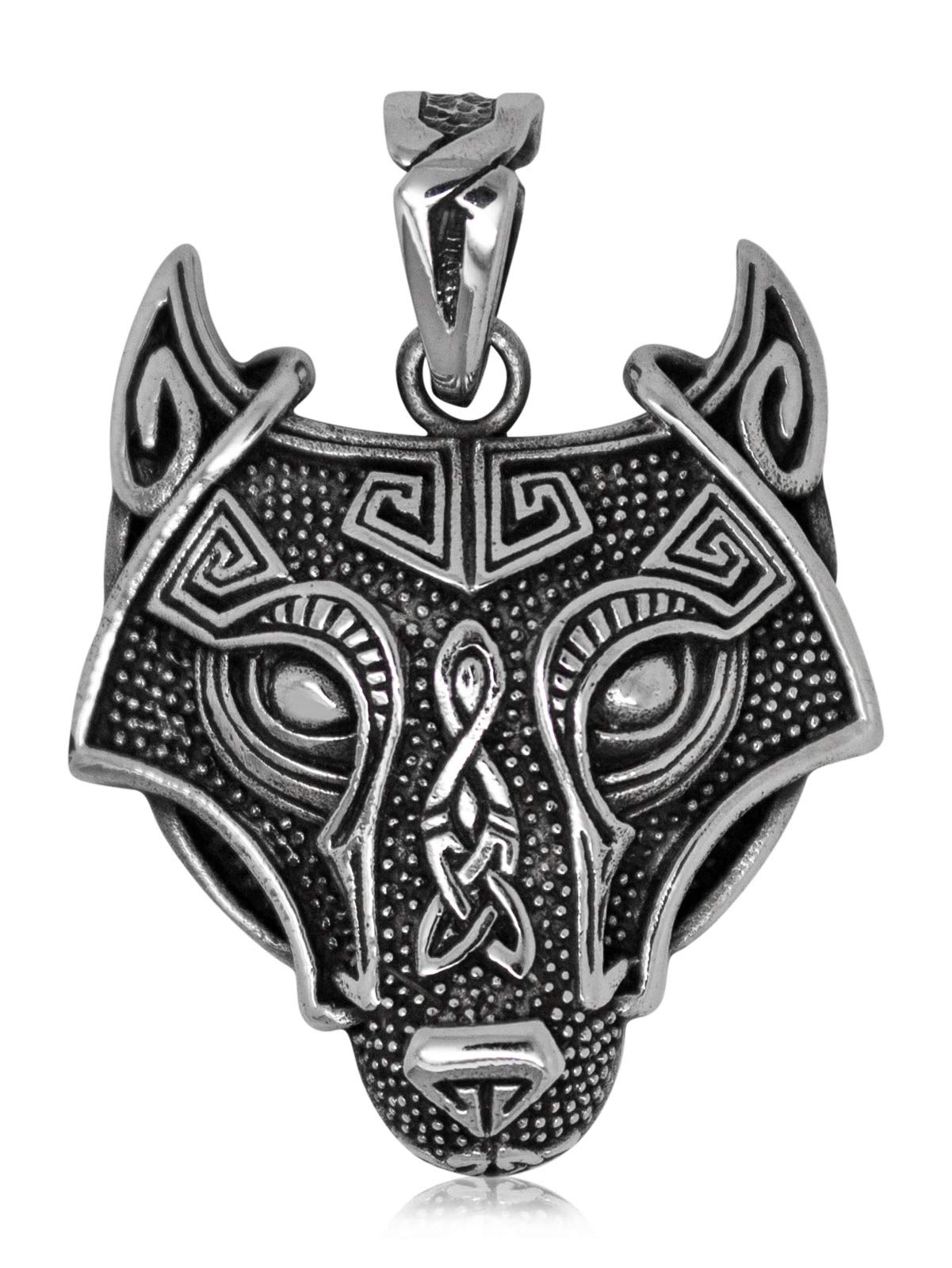 925 Solid Sterling Silver Celtic Wolf with Triquetras and Renewal Symbol Pendant