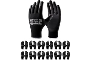 AnTools 12 Pairs Skin-Friendly PU-coated Work Gloves, Seamless Knit, Lightweight, Flexible, General-Duty Work Gloves for Men and Women, Black, Large