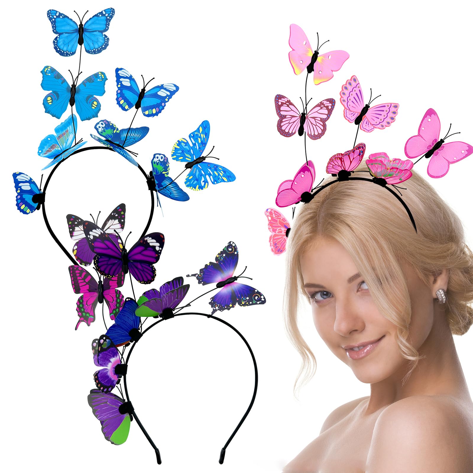 Jaczora 2 PCS Butterfly Headbands,Fairy Elf Headbands, 3D Butterfly Hairband Party Hair Accessories Festival Headband for Woman Girls Cosplay(Random 3Color)