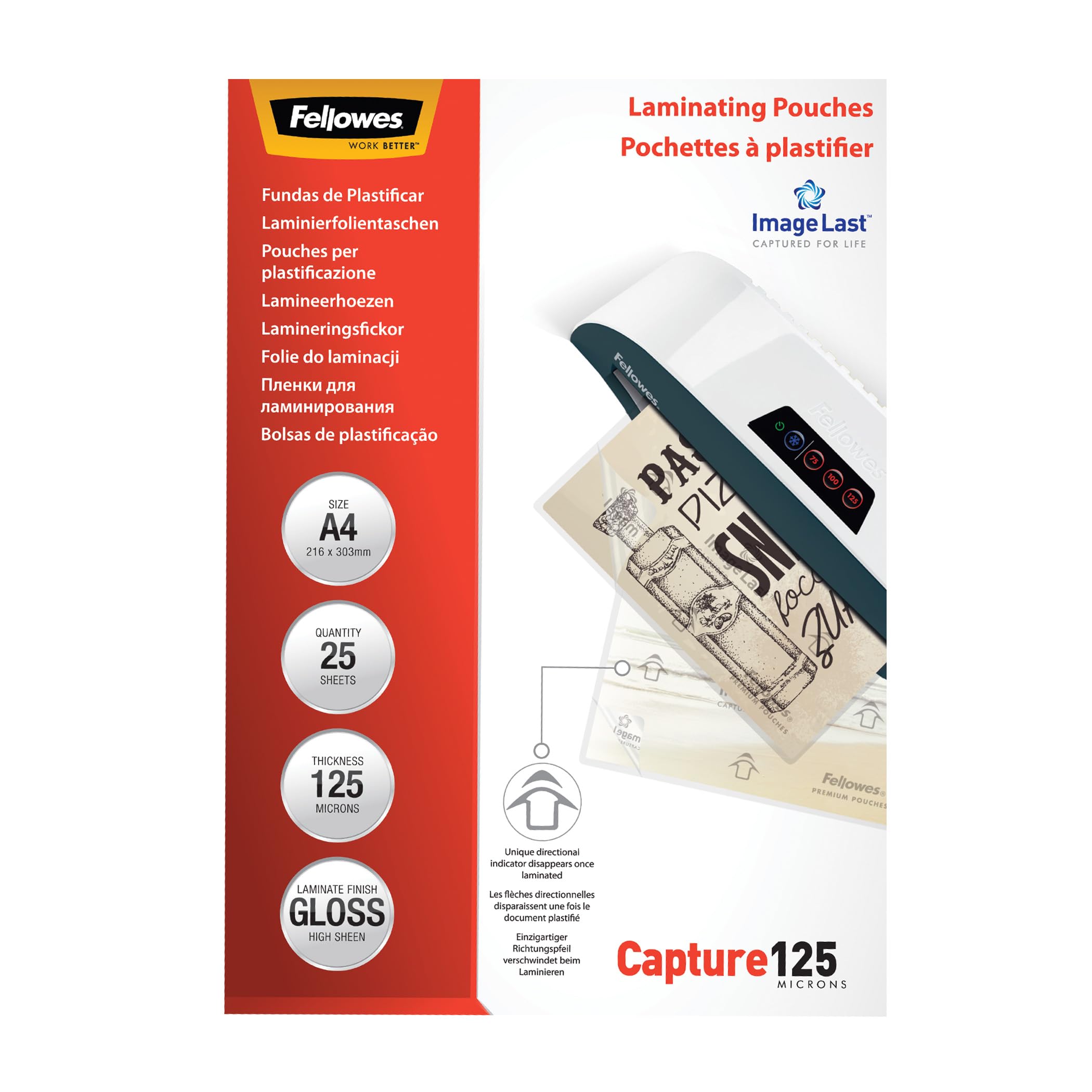 Fellowes A4 Laminating Pouches - Gloss Finish - 25 Sheets, 250 Micron (2x125) Clear & Durable Laminating Pouch with Image Last Directional Mark - Ideal for Photos, Notices and Everyday Use