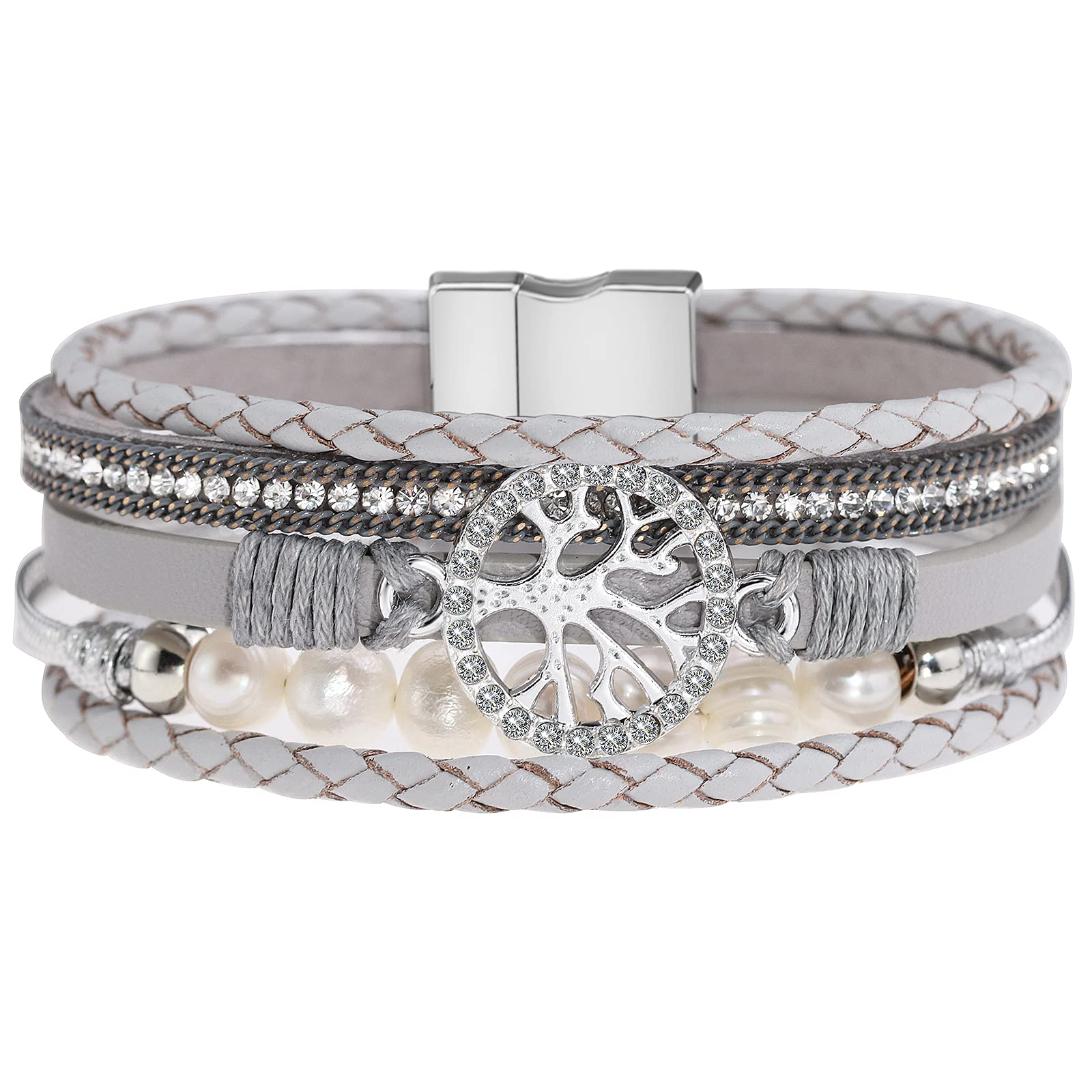Gleamart Tree of Life Bracelet Multilayer Leather Wrap Cuff Bangle Magnetic Buckle Bracelet Gray